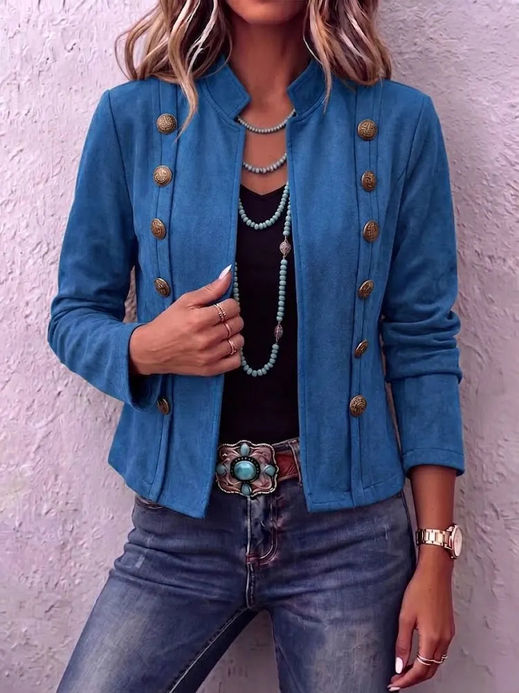 Stand Collar Double-Breasted Suede Vintage Cropped Jacket