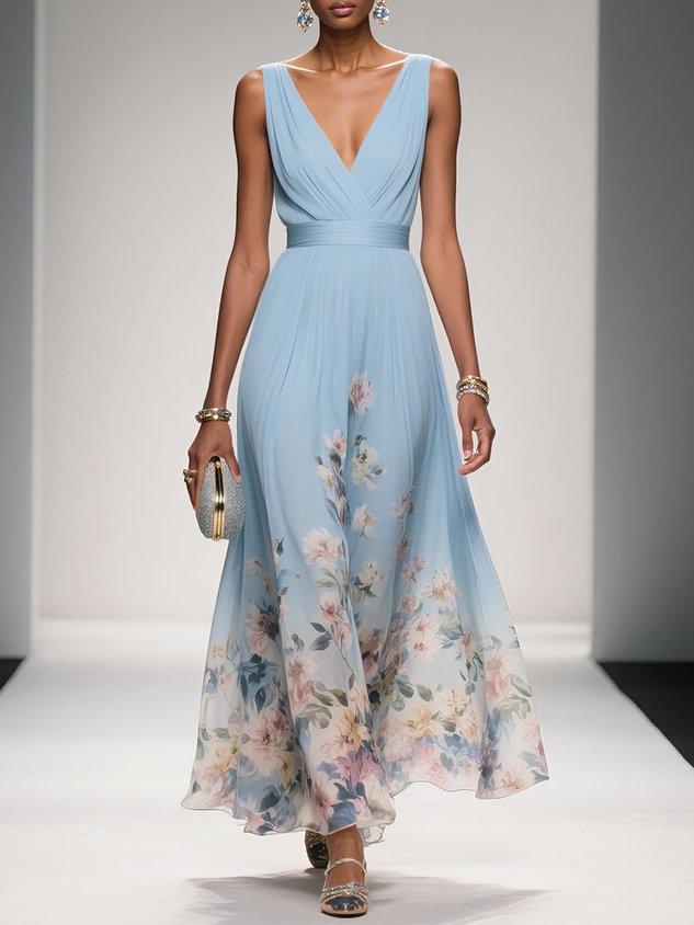 Light Blue Floral Chiffon V Neck Sleeveless A-Line Maxi Dress