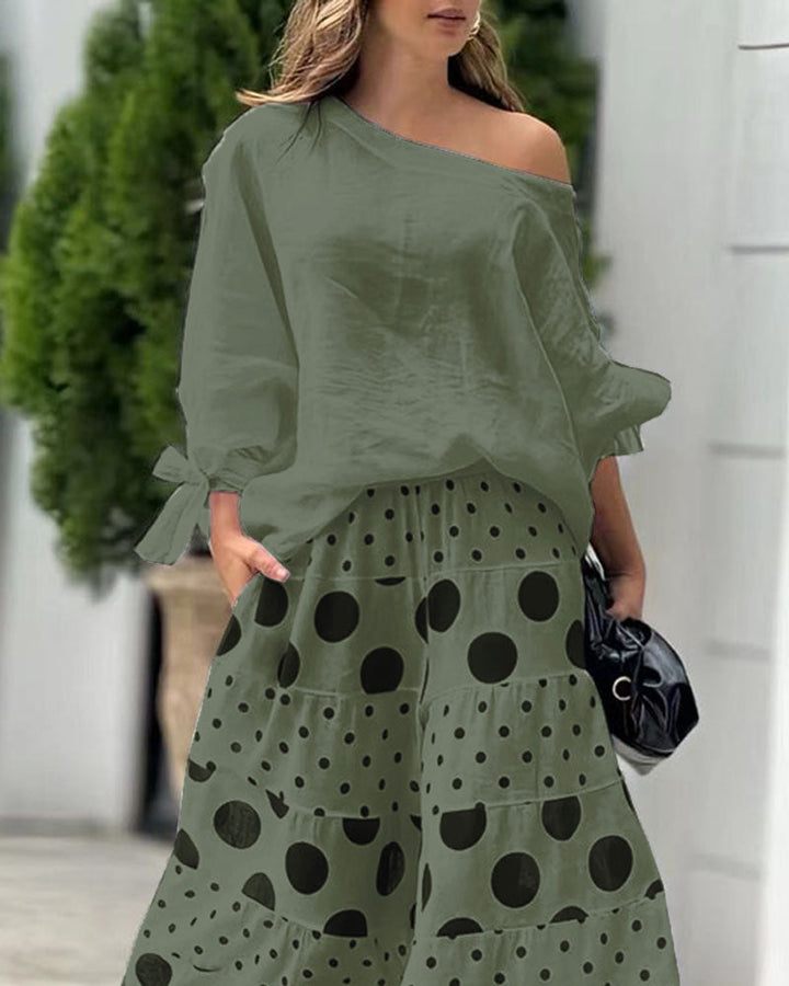 Casual Shoulder Top &amp; Printed Pants Two-Piece Set