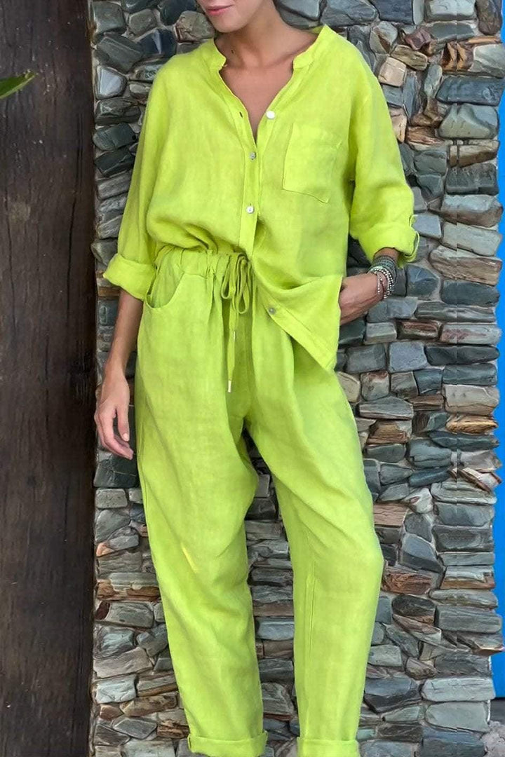 Casual Solid Color V-Neck Shirt &amp; Pants Cotton Linen Two-Piece Set