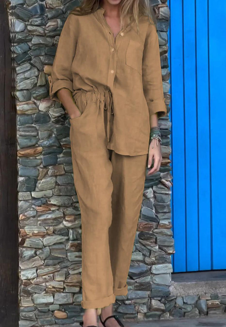 Casual Solid Color V-Neck Shirt &amp; Pants Cotton Linen Two-Piece Set