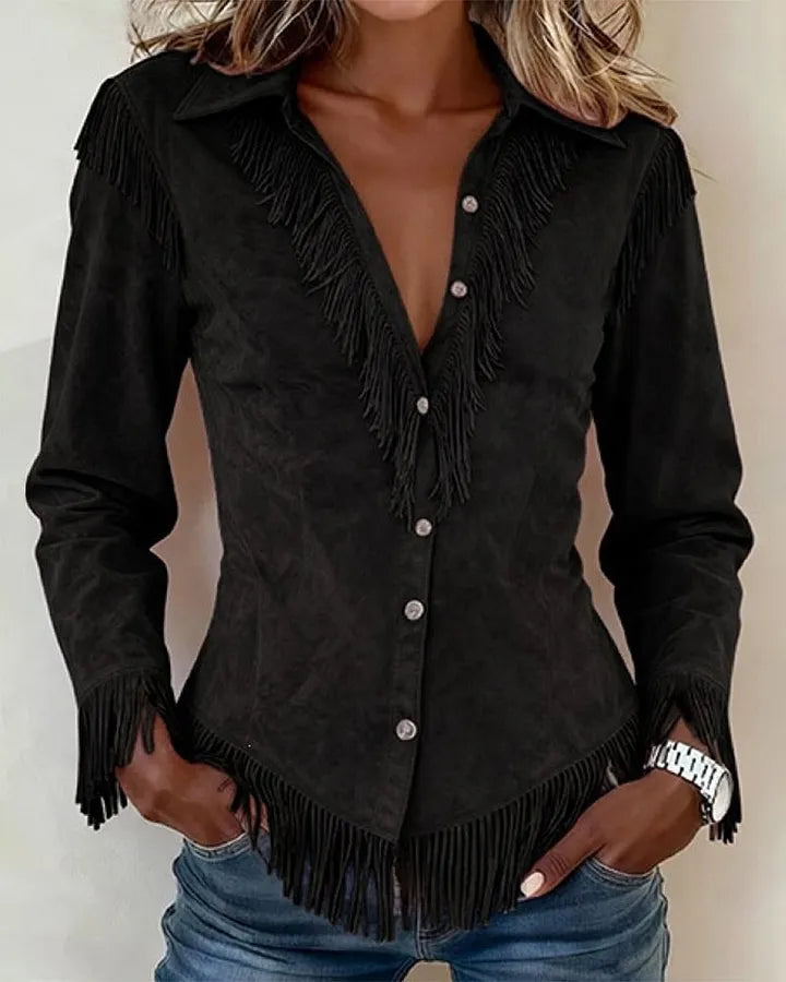 Fringe Trim Faux Suede Western Shirt