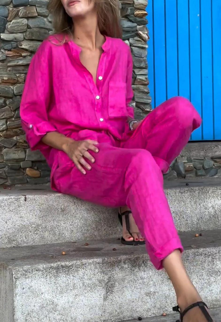 Casual Solid Color V-Neck Shirt &amp; Pants Cotton Linen Two-Piece Set