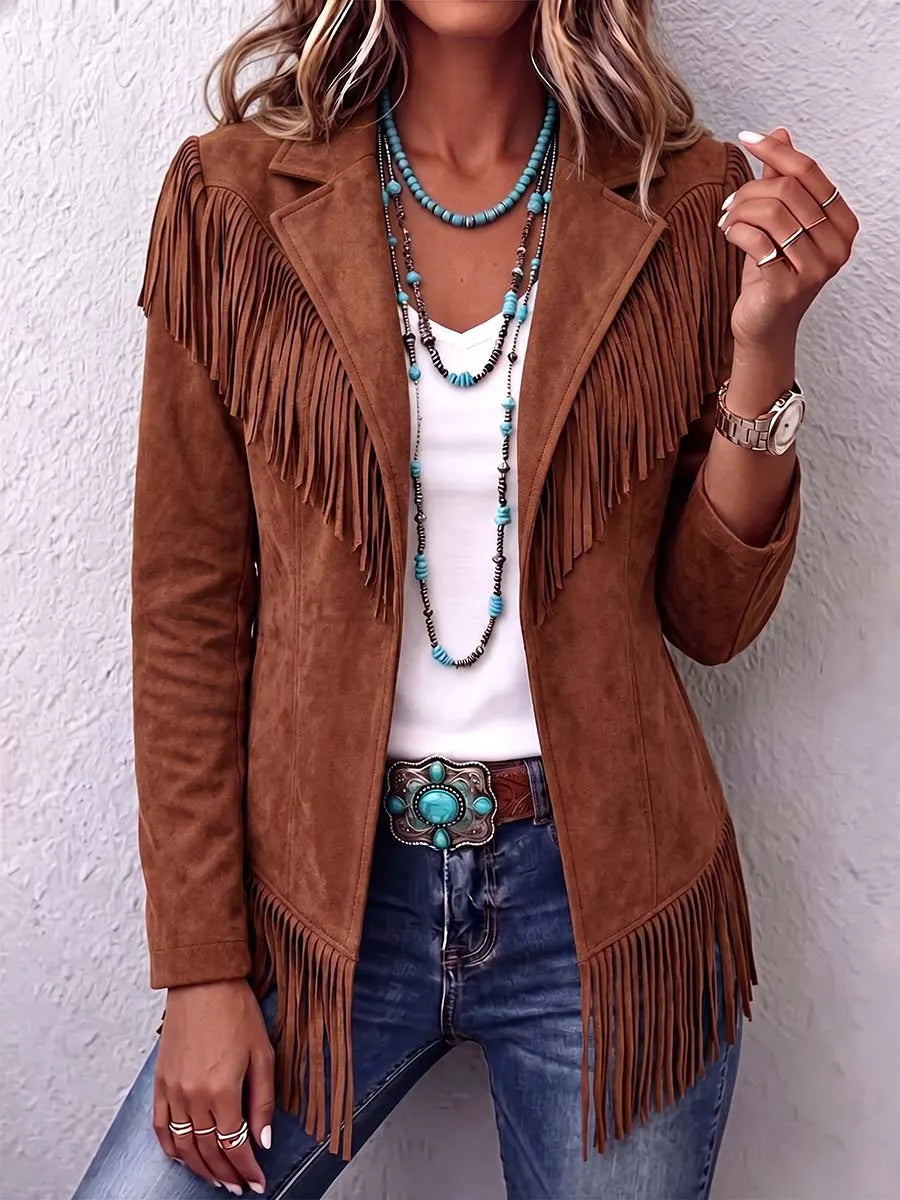 Women's Solid Color Lapel Tassel Jacket