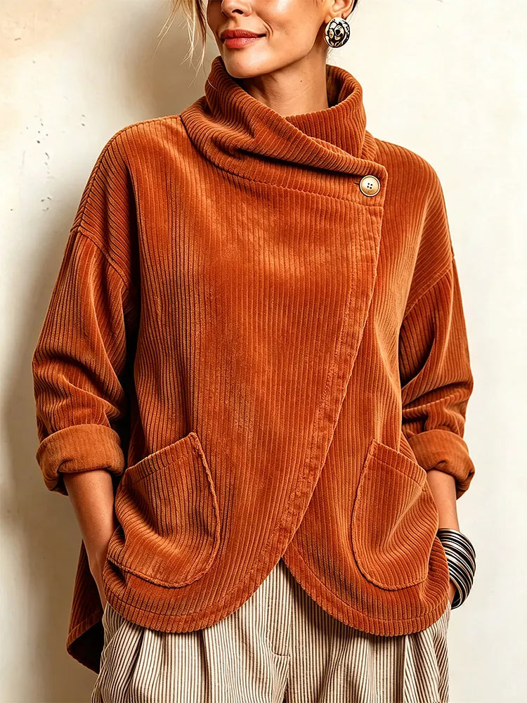Cozy Asymmetric Button-Accented Corduroy Top
