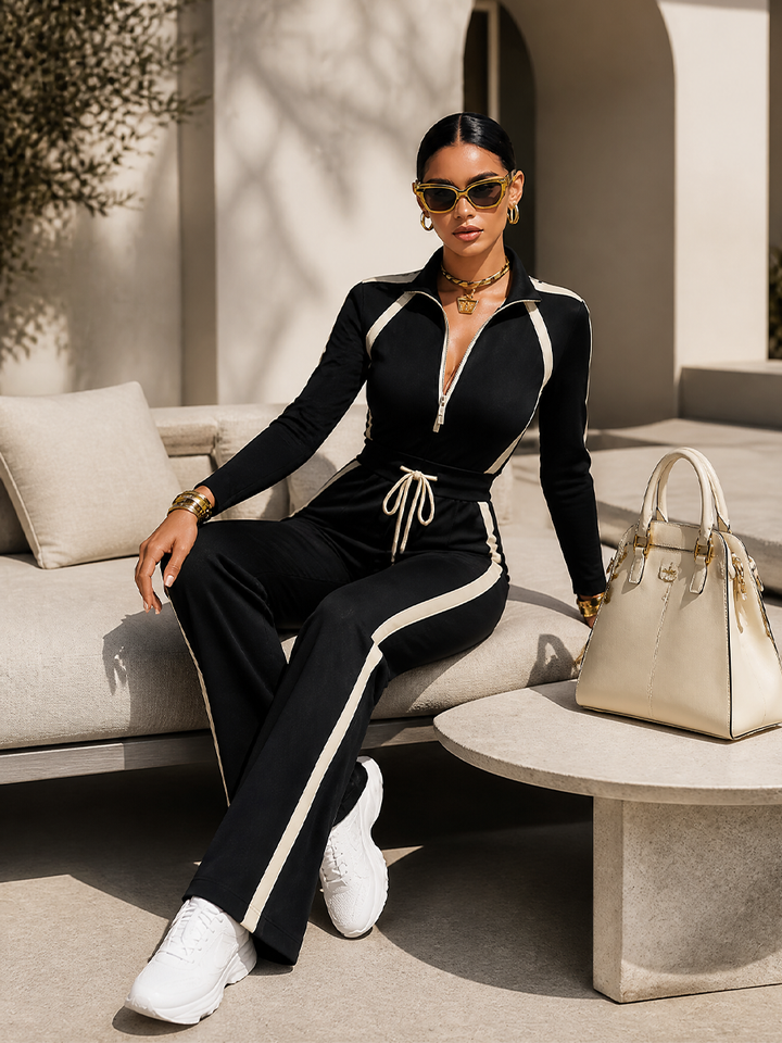 Black Contrast Stripe Tracksuit Set Half Zip Collar Top &amp; Drawstring Waist Wide Leg Pants