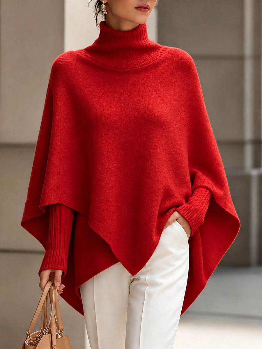Women's High-Neck Cape-Style Knit Top Red