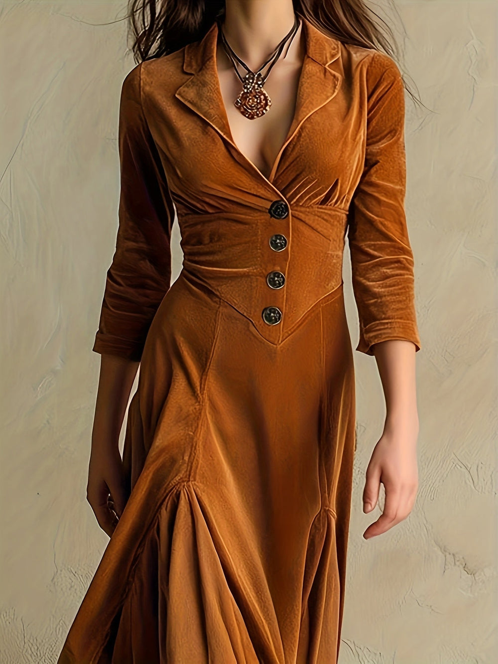 Elowenna | Collared V-Neck Button-Front 7/8-Sleeve Midi Dress for Women