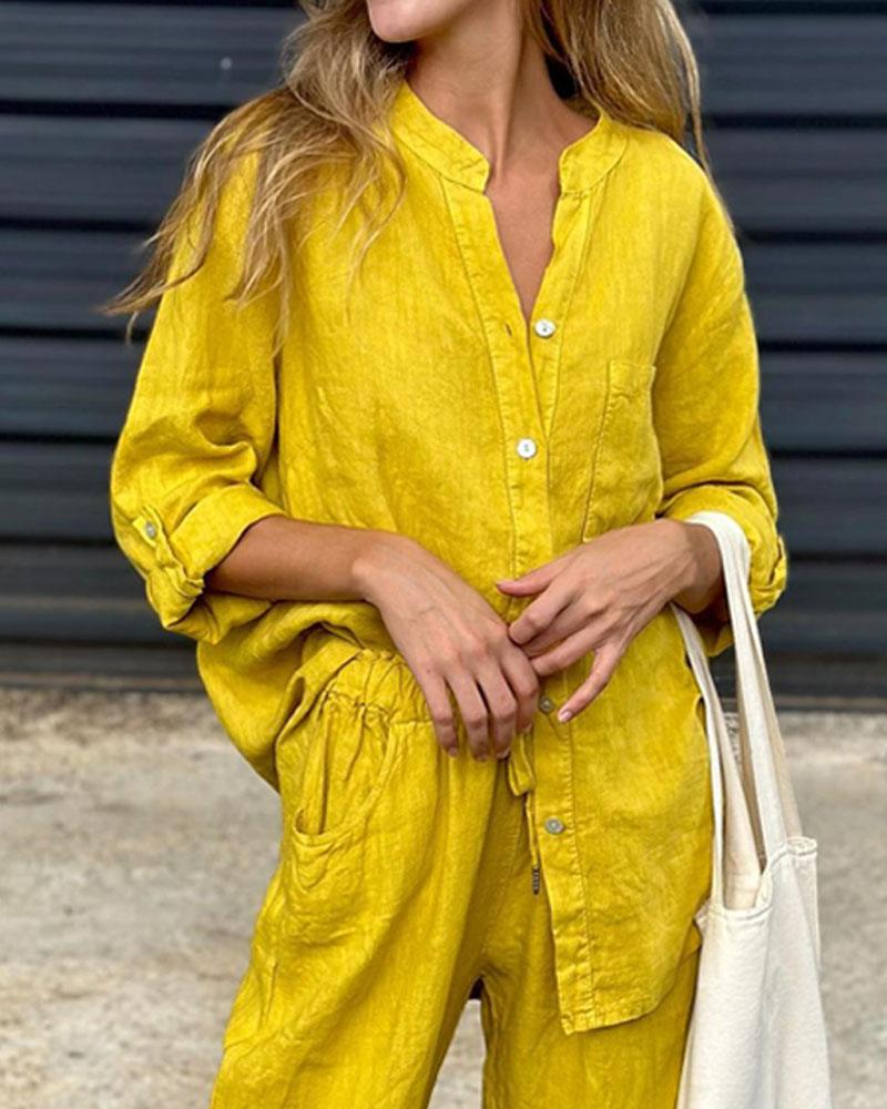 Casual Solid Color V-Neck Shirt &amp; Pants Cotton Linen Two-Piece Set