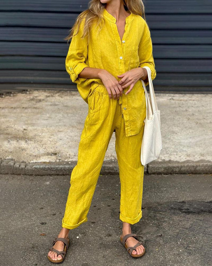 Casual Solid Color V-Neck Shirt &amp; Pants Cotton Linen Two-Piece Set