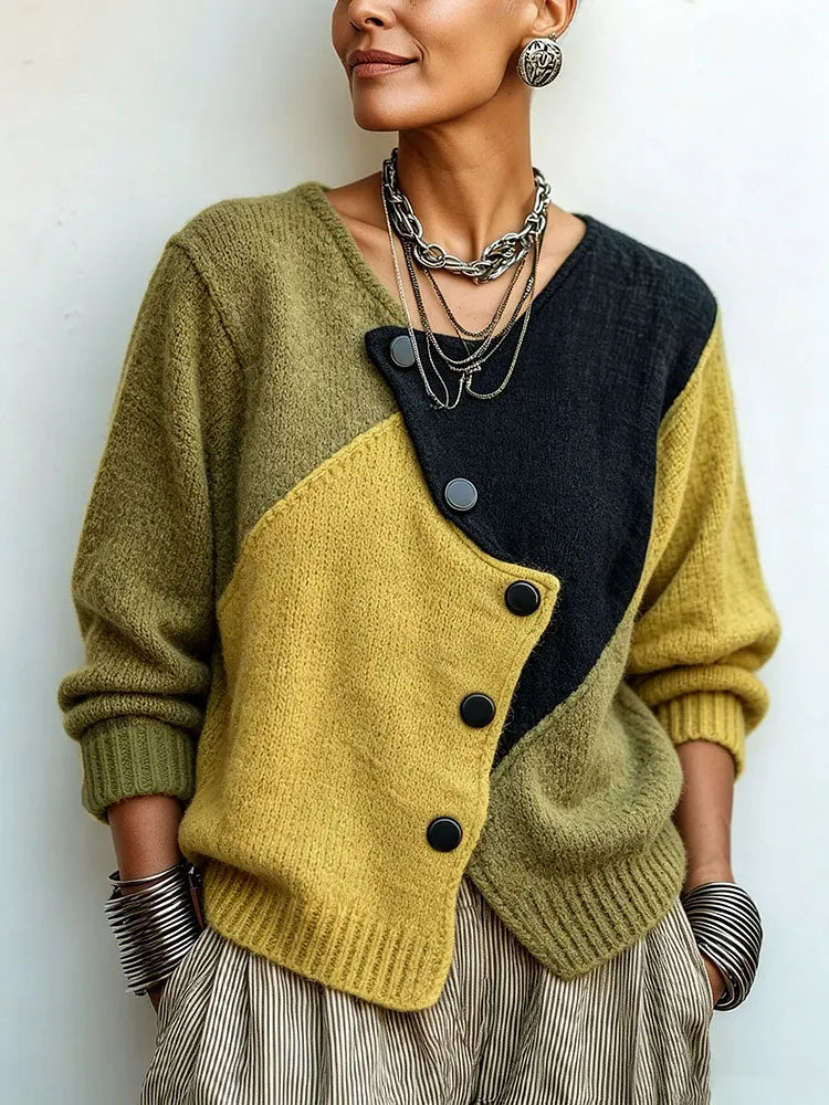 Artisti Cozy Asymmetric Color-Block Knit Sweater
