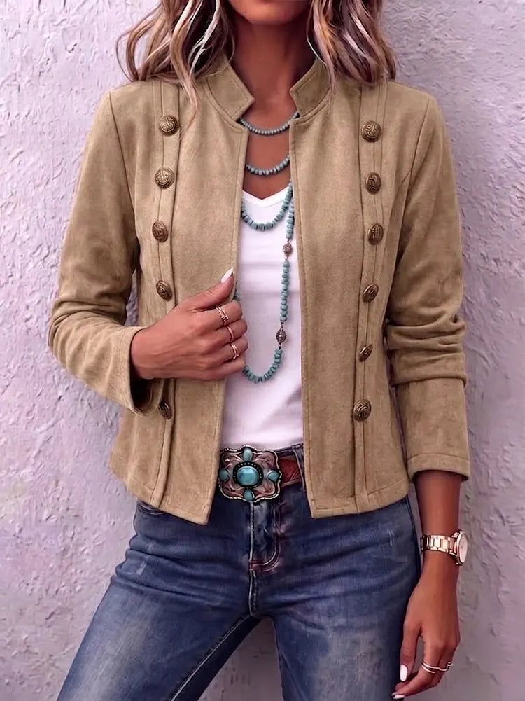 Stand Collar Double-Breasted Suede Vintage Cropped Jacket