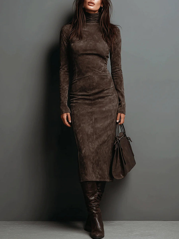 Robine | High-Neck Long Sleeve Suede Midi Dress