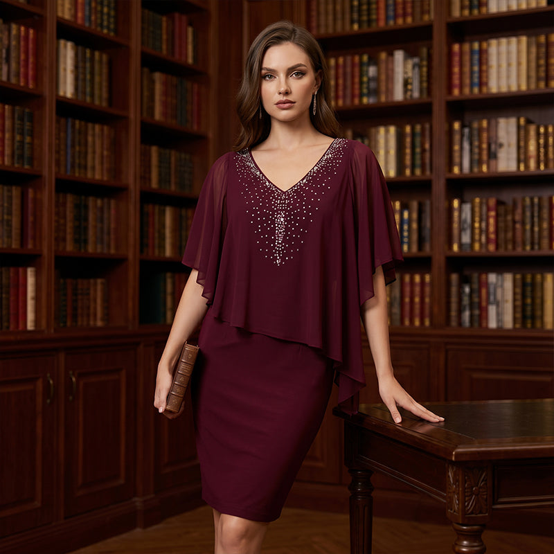 Rhinestone V-Neck Cape Dress with Chiffon Overlay