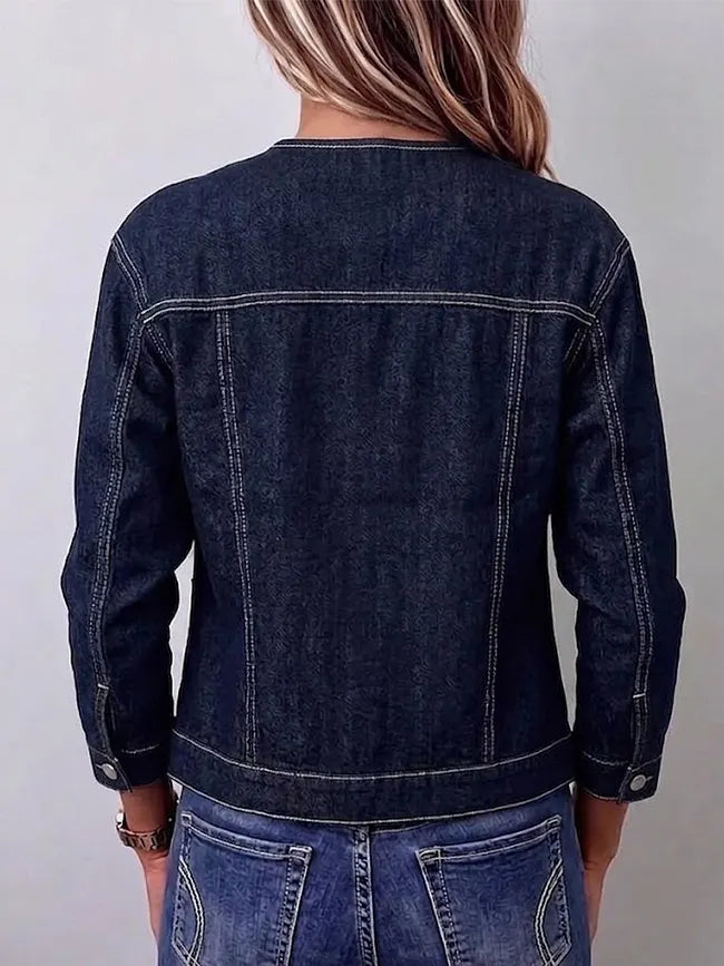 Bead-Trimmed Round-Neck Denim Jacket