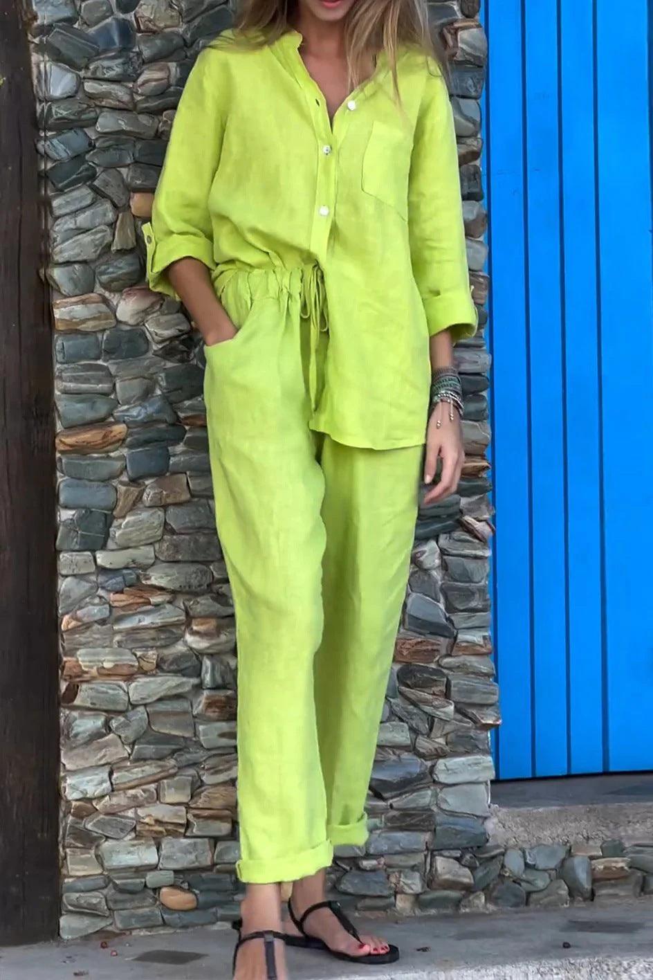 Casual Solid Color V-Neck Shirt &amp; Pants Cotton Linen Two-Piece Set