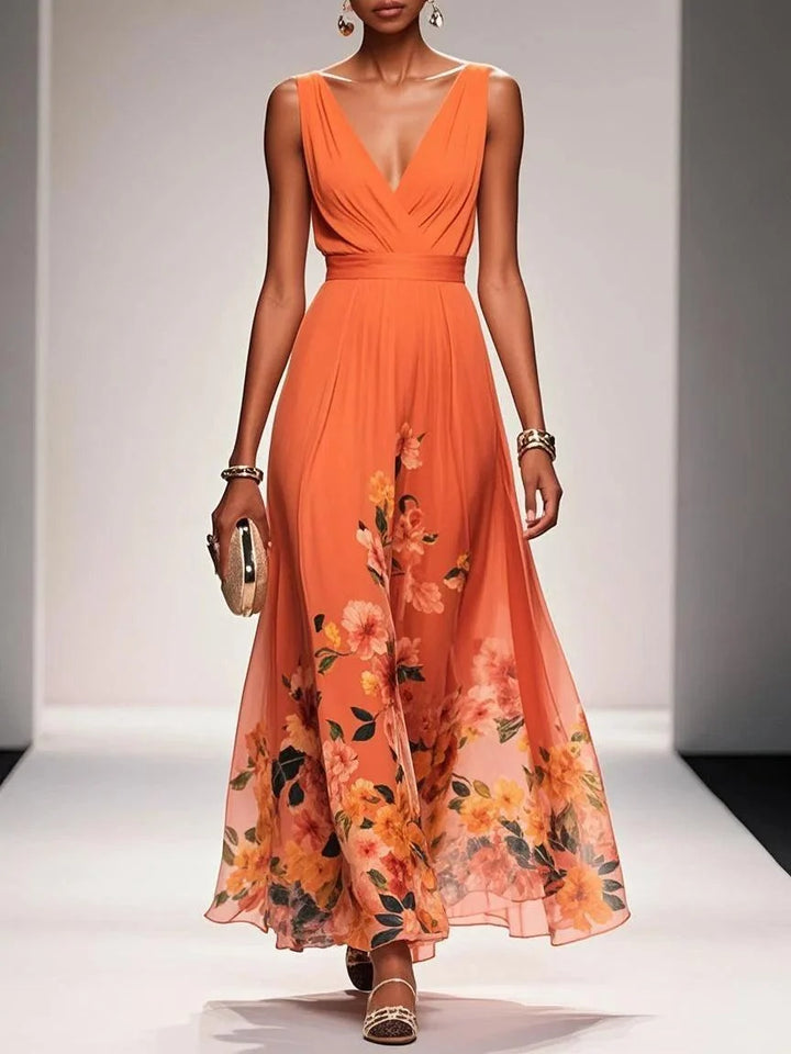 Light Blue Floral Chiffon V Neck Sleeveless A-Line Maxi Dress