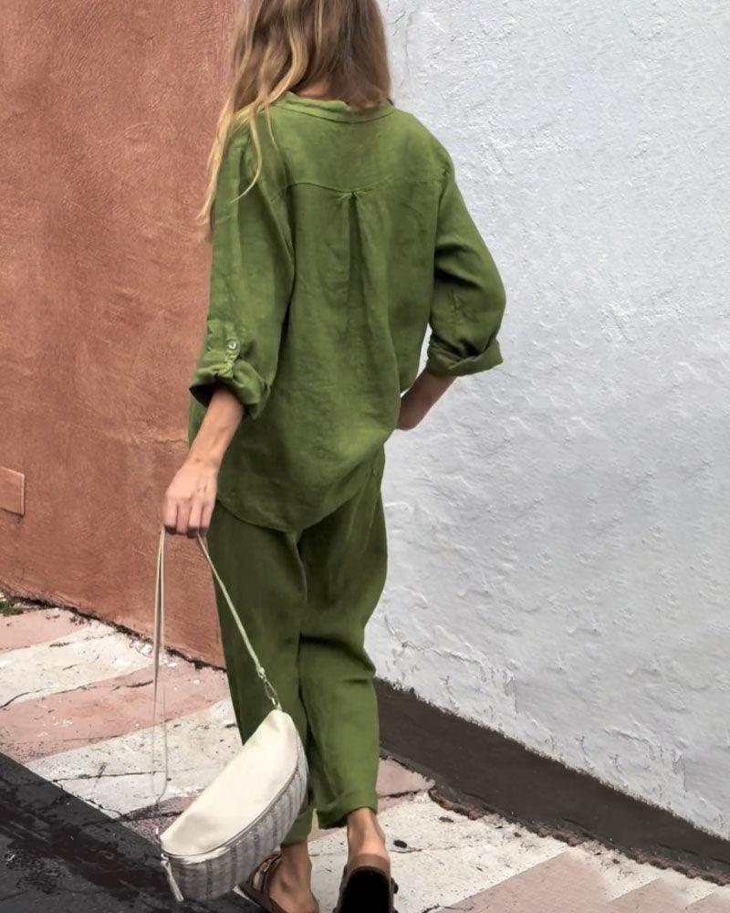 Casual Solid Color V-Neck Shirt &amp; Pants Cotton Linen Two-Piece Set
