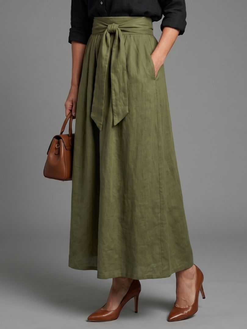 Vera | Two Piece Set Black Blouse Olive Green Midi Skirt