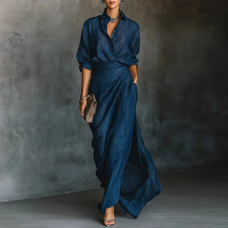 Ismeria | Pleated Button-Up Wide-Leg Two-Piece Set for Women