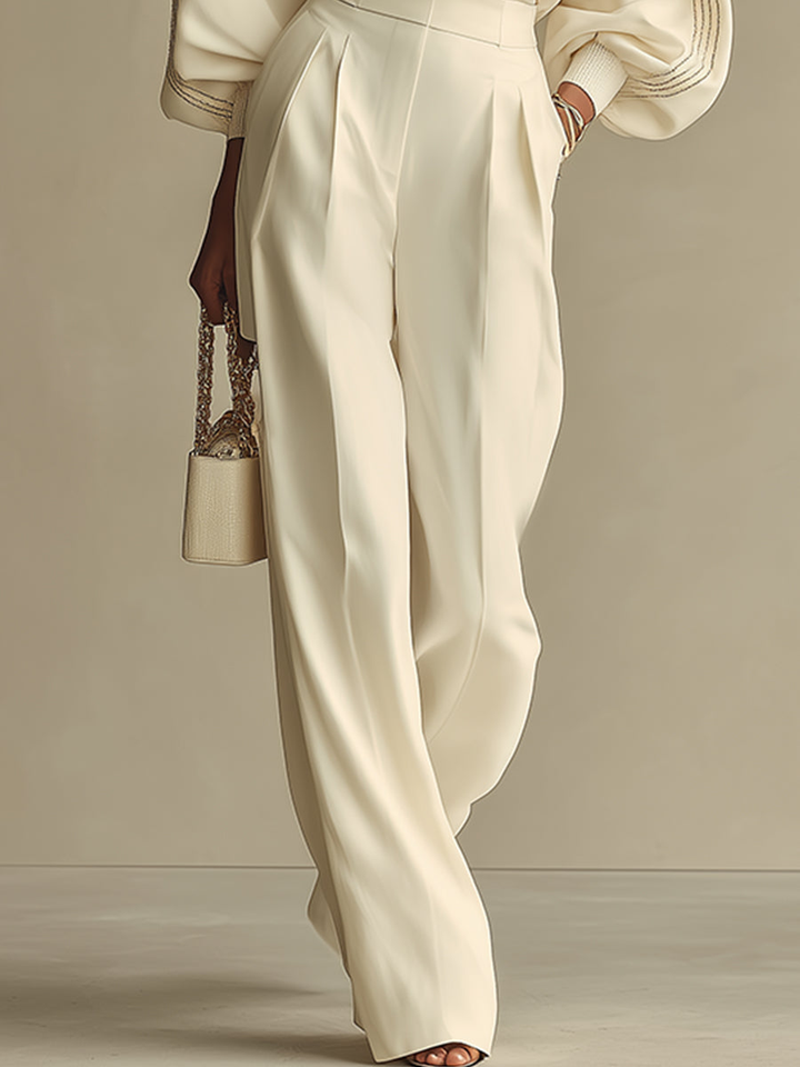 Ivory Ribbed Crew Neck Top And High-waisted Wide-leg Pants Suit