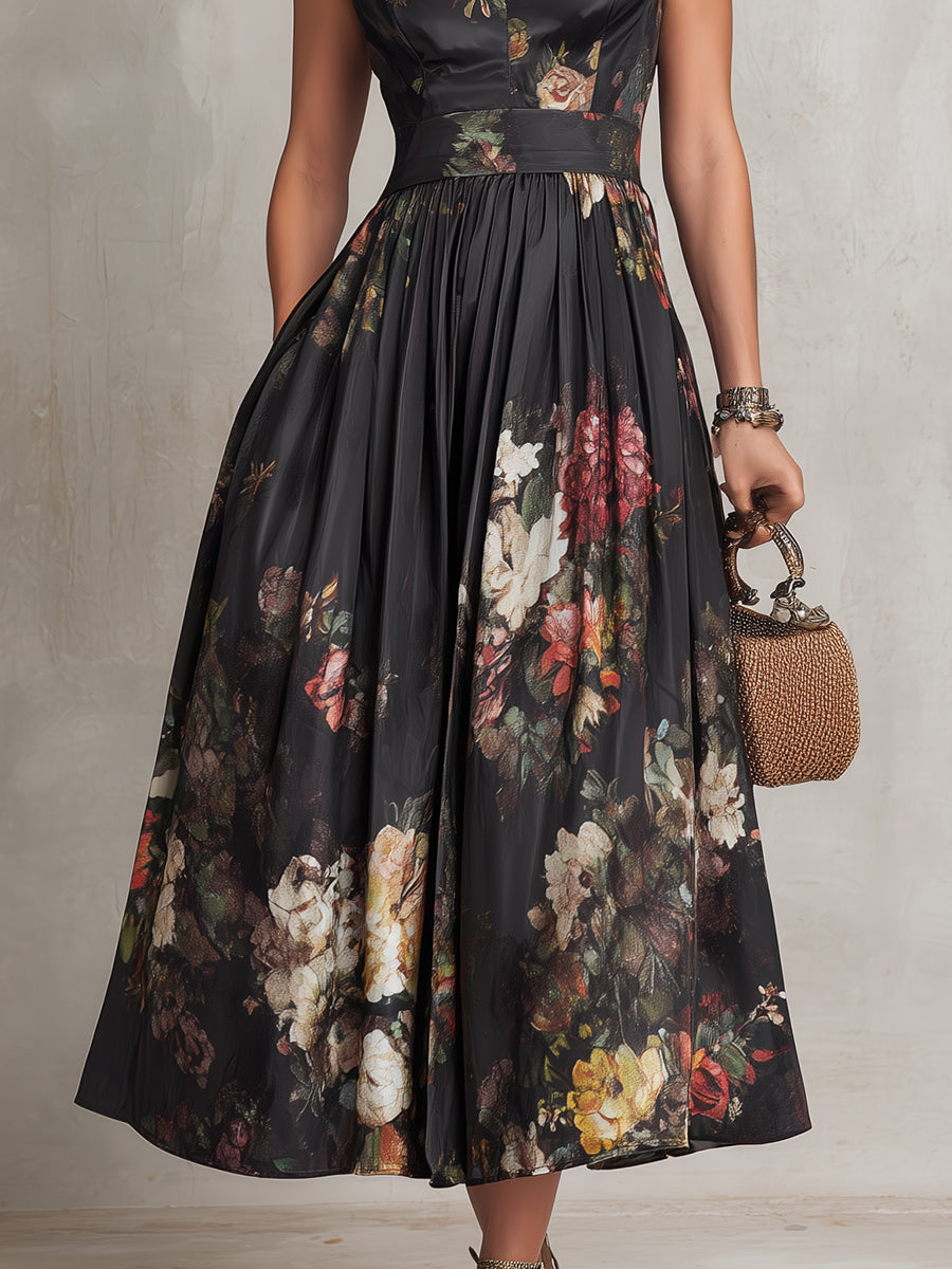 Black Keyhole Collar Floral Pleated Satin Midi Dress