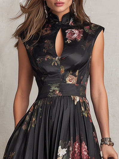 Black Keyhole Collar Floral Pleated Satin Midi Dress