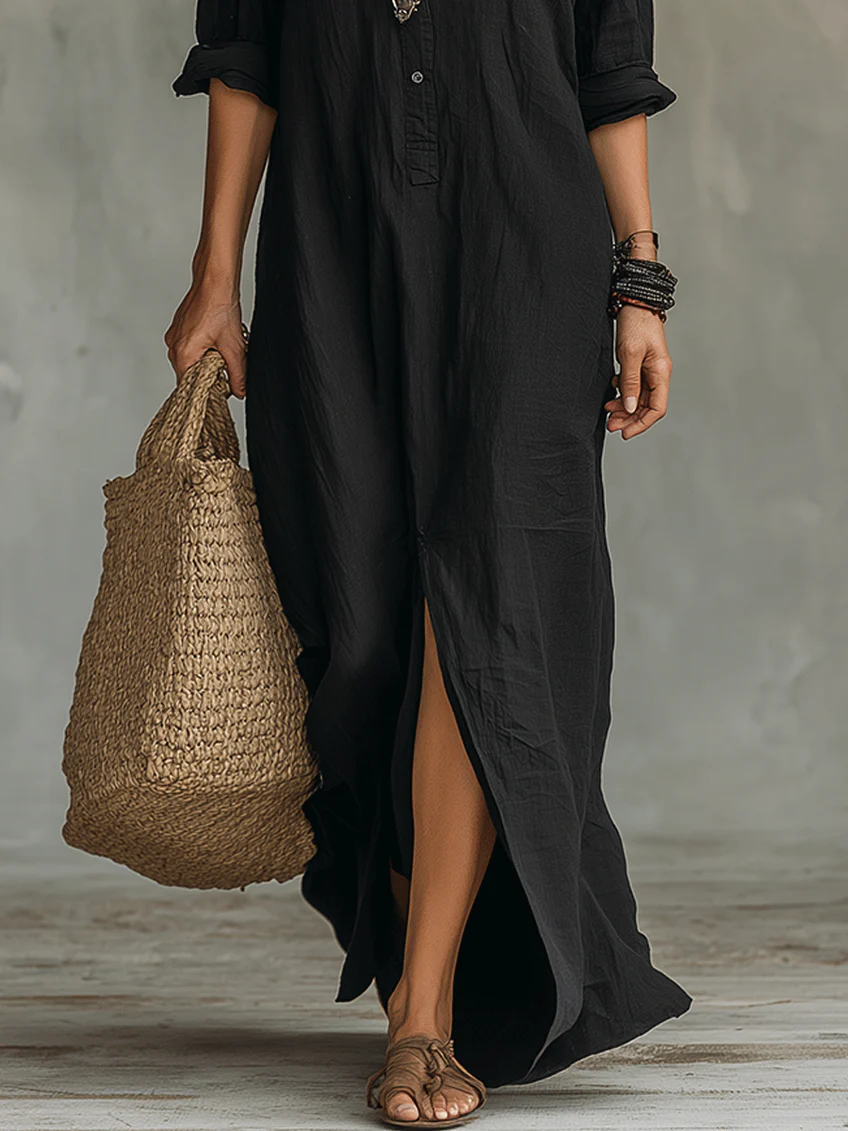 Solina | Loose Black Maxi Dress with Buttons