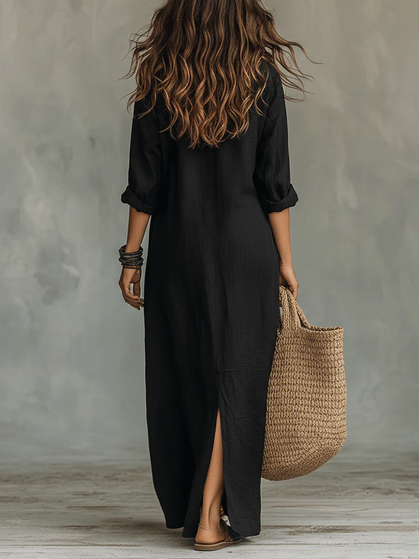 Solina | Loose Black Maxi Dress with Buttons