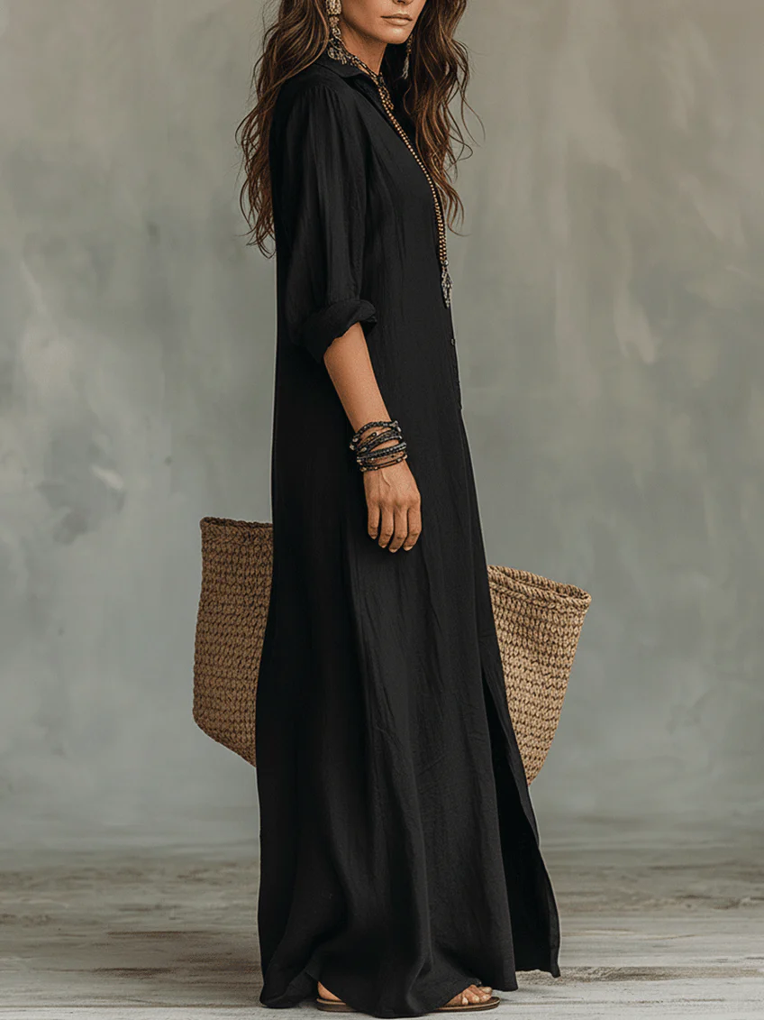Solina | Loose Black Maxi Dress with Buttons