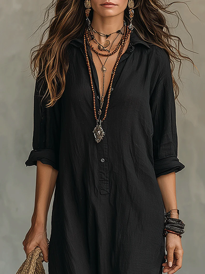 Solina | Loose Black Maxi Dress with Buttons