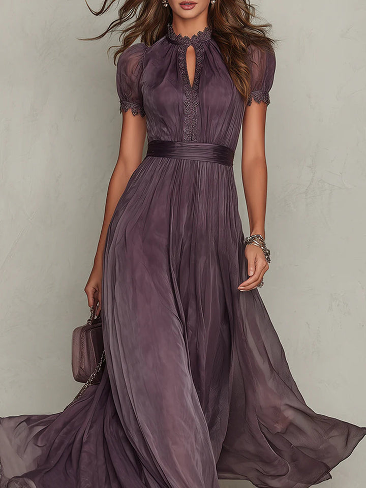 Purple Keyhole Neckline Chiffon Lace Trim Maxi Dress