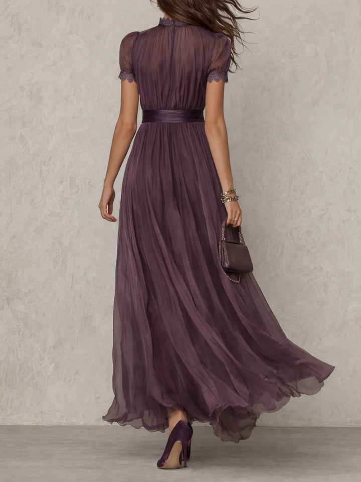 Purple Keyhole Neckline Chiffon Lace Trim Maxi Dress