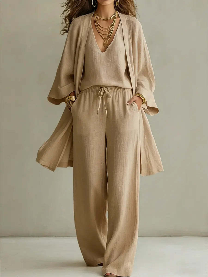 Solid Color Loose Cardigan And Drawstring Wide-leg Trousers Three-piece Set