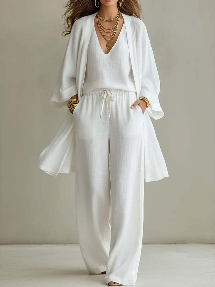 Solid Color Loose Cardigan And Drawstring Wide-leg Trousers Three-piece Set