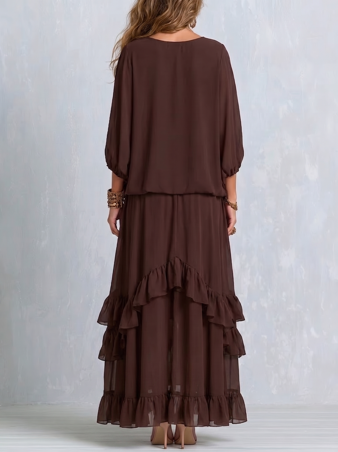 Ondine | Brown Chiffon Fringe Top and Ruffled Skirt Set