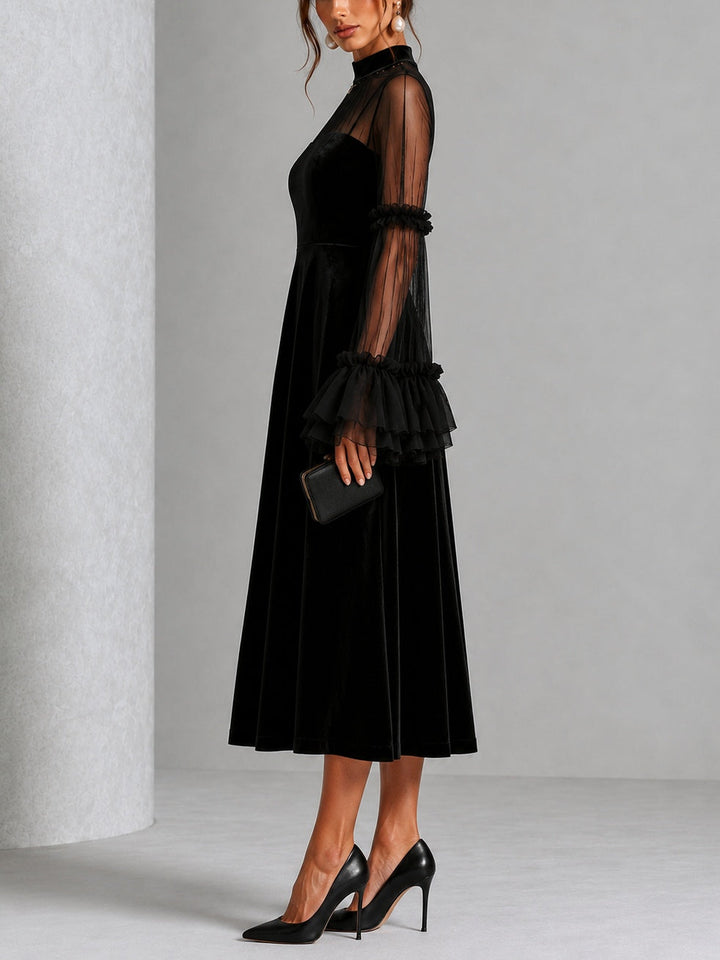 Berenice | Velvet Midi Dress with Tulle Sleeves