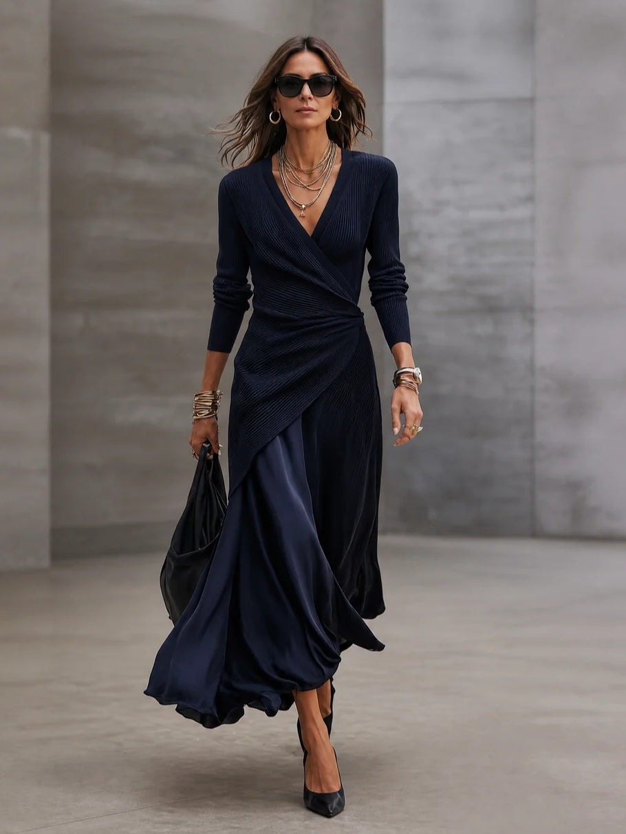 Thea | Navy Satin-Panel Wrap Maxi Dress