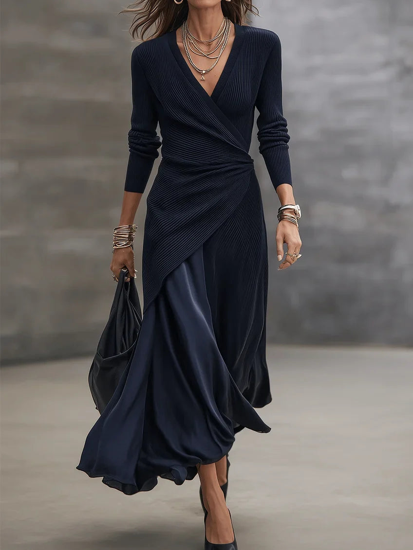 Adriana Navy Ribbed Wrap Maxi Dress