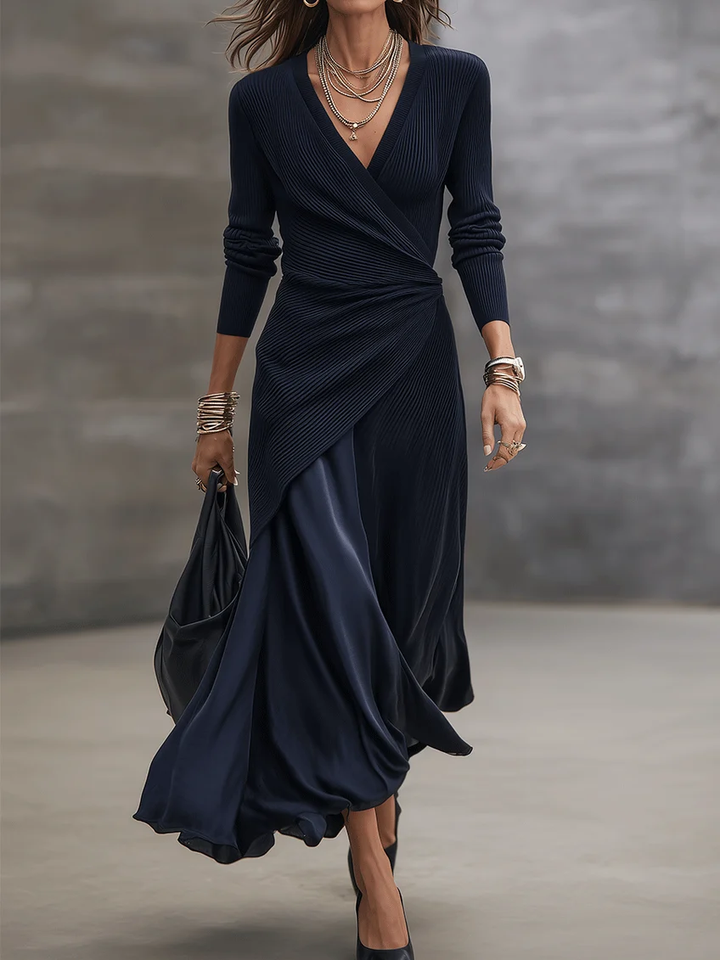 Thea | Navy Satin-Panel Wrap Maxi Dress