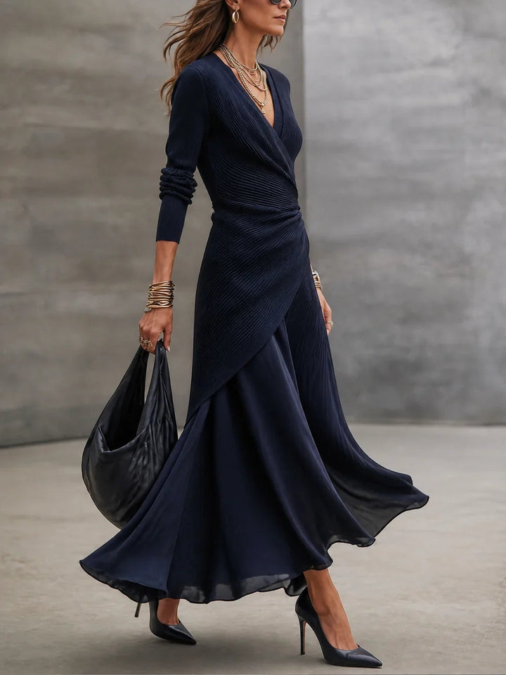 Adriana Navy Ribbed Wrap Maxi Dress