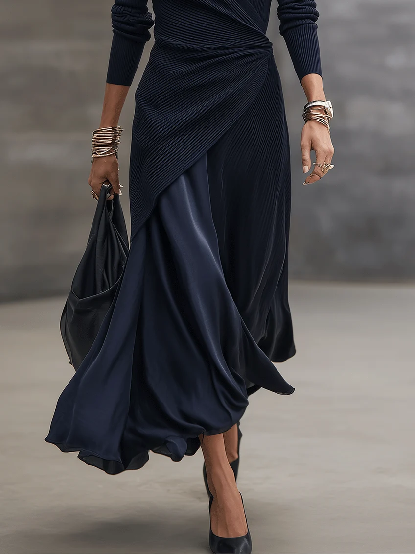 Thea | Navy Satin-Panel Wrap Maxi Dress
