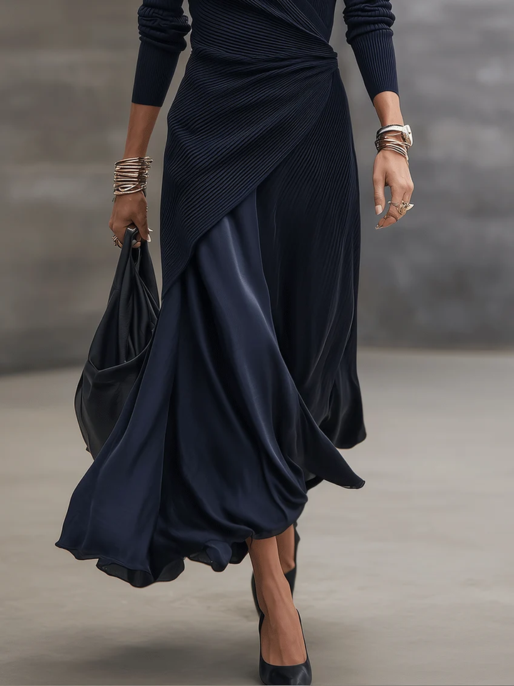 Thea | Navy Satin-Panel Wrap Maxi Dress