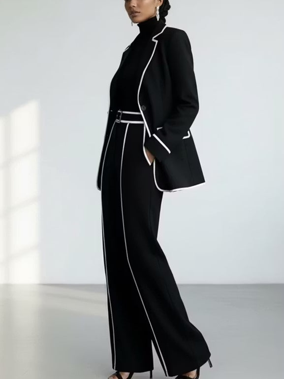 Black Contrast‑Piping Blazer &amp; Wide‑Leg Trouser Two‑Piece Suit Set