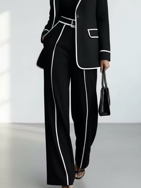Black Contrast‑Piping Blazer &amp; Wide‑Leg Trouser Two‑Piece Suit Set