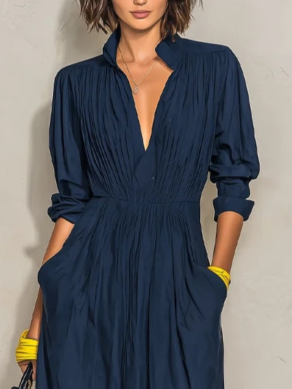 Ofelia | Pleated V-Neck Maxi Dress with Band Collar