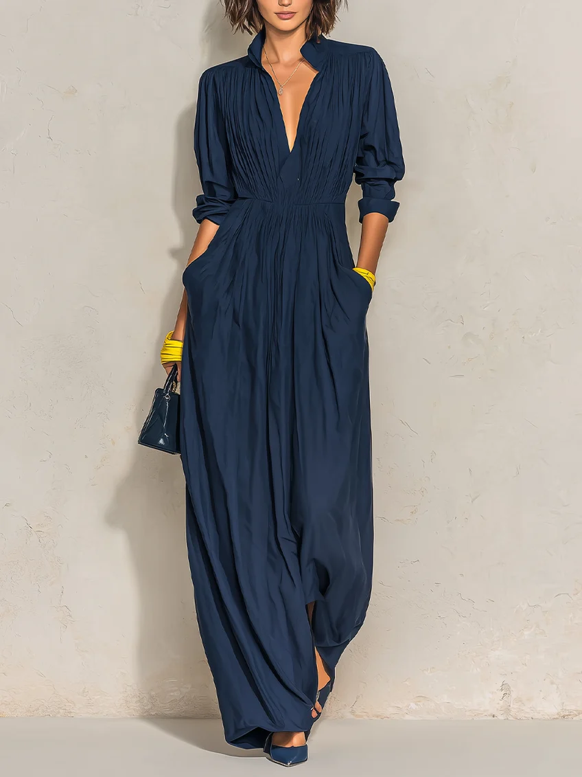 Ofelia | Pleated V-Neck Maxi Dress with Band Collar