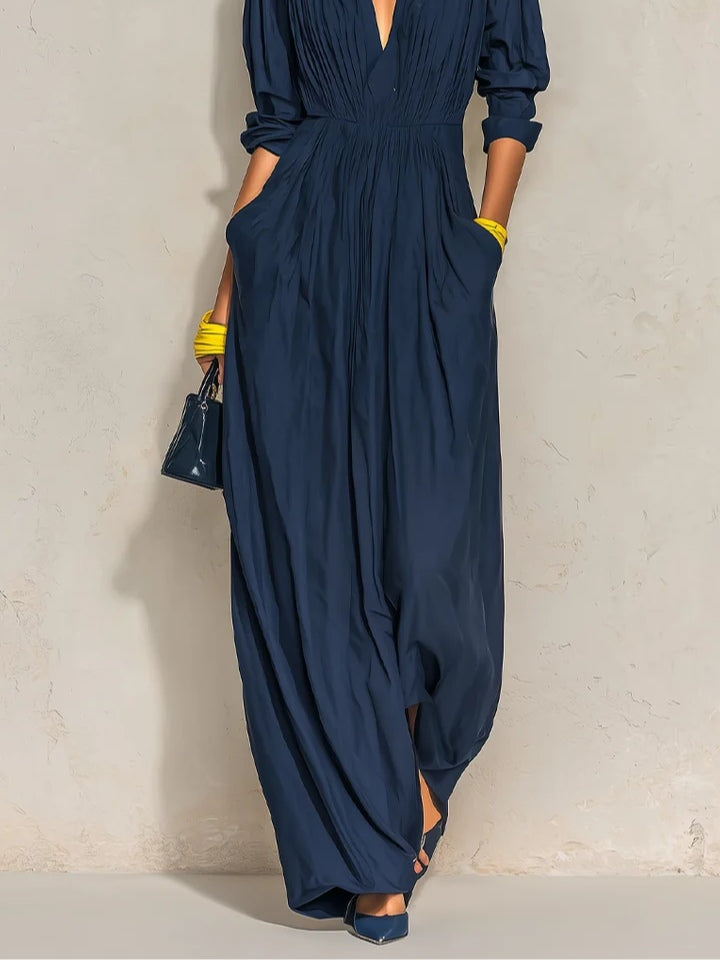 Ofelia | Pleated V-Neck Maxi Dress with Band Collar
