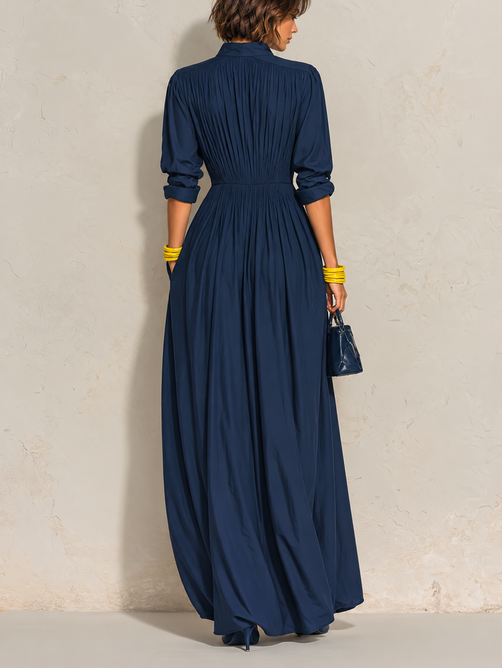 Ofelia | Pleated V-Neck Maxi Dress with Band Collar