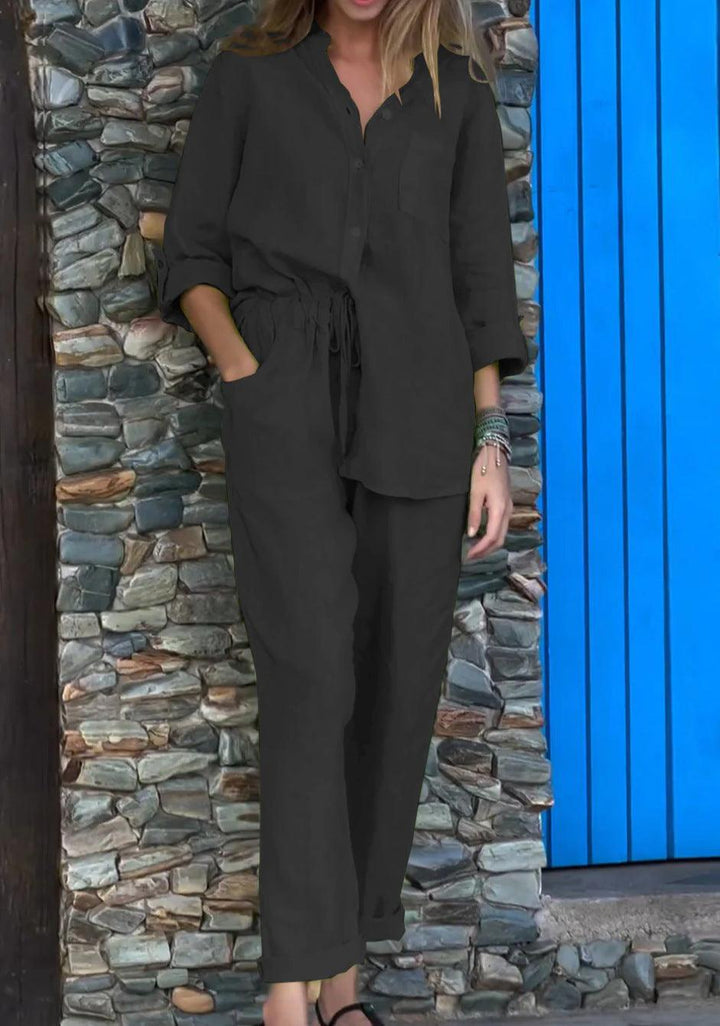 Casual Solid Color V-Neck Shirt &amp; Pants Cotton Linen Two-Piece Set
